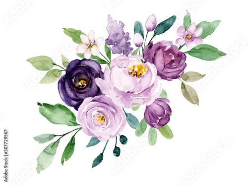 Violet flowers watercolor, floral clip art. Bouquet roses perfectly for printing design on invitations, cards, wall art and other. Botanical illustration isolated on white background. Hand painting.