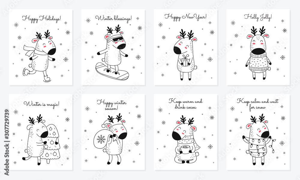 Fototapeta Vector collection of cards with hand drawing cute winter deer and slogan