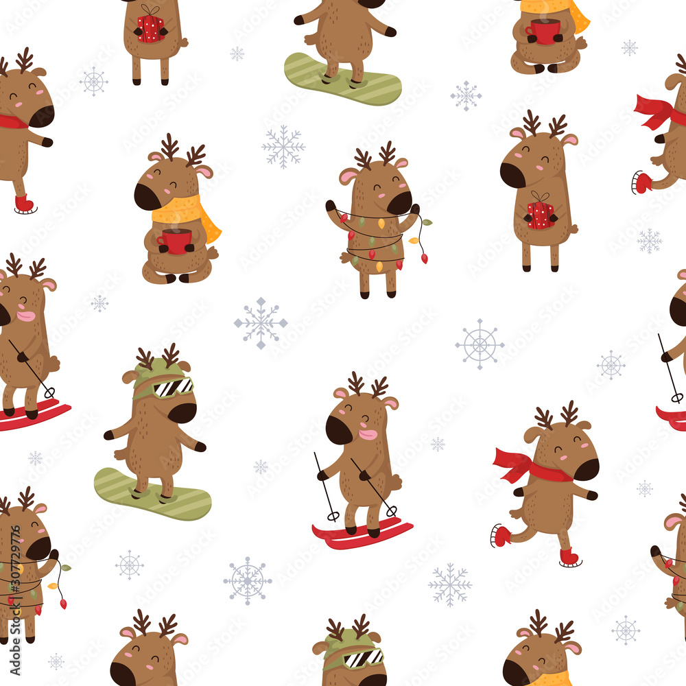 Fototapeta premium Vector seamless pattern of cards with hand drawing cute winter deer. Creative background for New Year and Christmas with reindeer