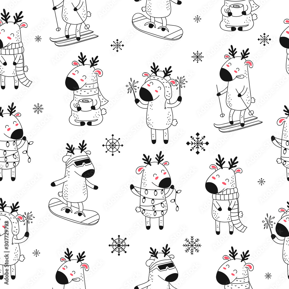 Fototapeta Vector seamless pattern of cards with hand drawing cute winter deer. Creative background for New Year and Christmas with reindeer