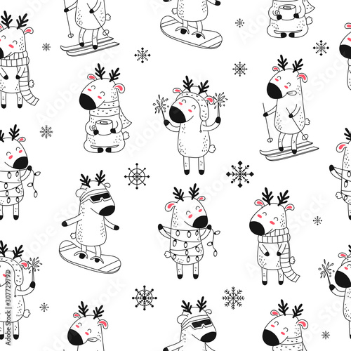 Vector seamless pattern of cards with hand drawing cute winter deer. Creative background for New Year and Christmas with reindeer