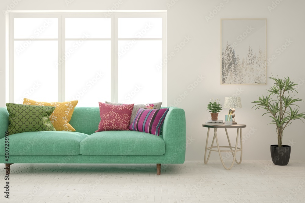 Naklejka premium Stylish room in white color with colorful sofa. Scandinavian interior design. 3D illustration