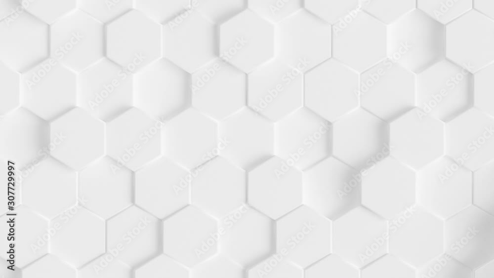 Abstract Hexagon Geometric Surface Loop 6 White: light minimal hexagonal grid pattern animation in modern clean white. Clean background with glossy white hexagon shapes. Soft look. Clean feel. 4K