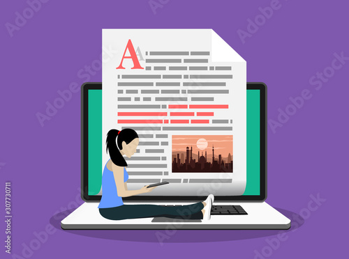 Blogging, Blogger. Freelance. Creative writing. Copy writer. Content management. Flat cartoon miniature illustration vector.