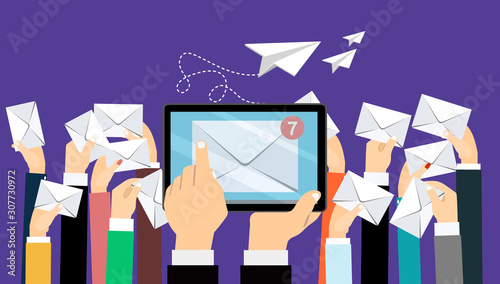 Business e-mail marketing. Promoting business on tablet. Vector illustration