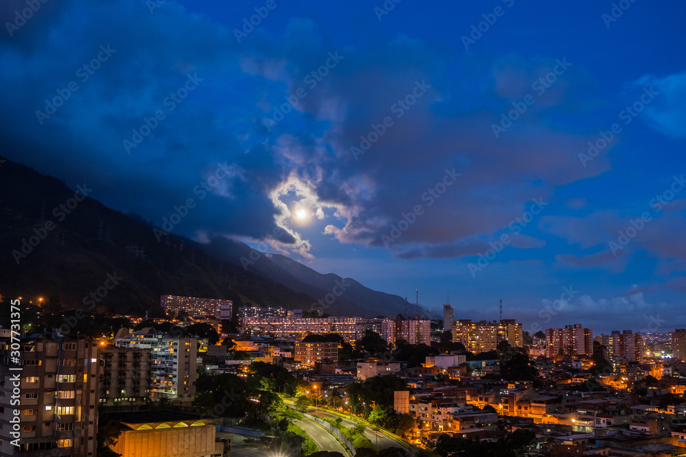 View of Caracas city  at night from east side. Venezuela