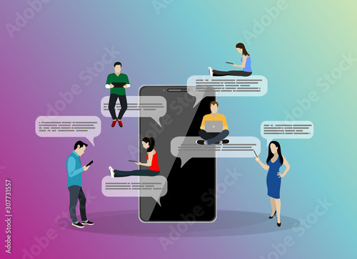 Mobile application people sitting bubbles chat interface message notifications flat white background