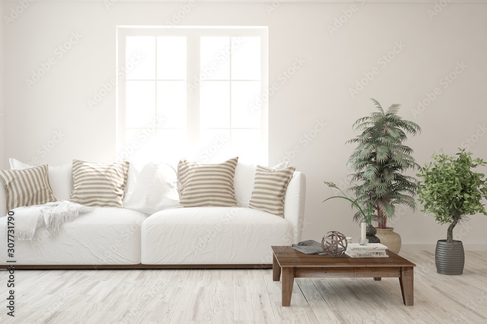 Stylish room in white color with sofa. Scandinavian interior design. 3D illustration Stylish room in white color with sofa. Scandinavian interior design. 3D illustration