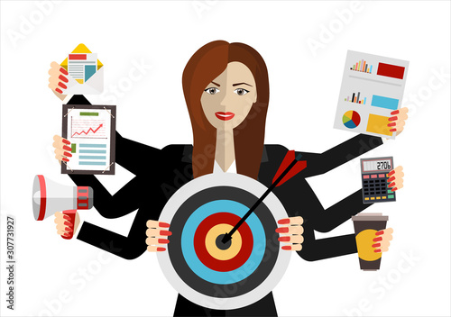 Happy business woman with many hands holding papers, briefcase, mobile phone. Multitasking and productivity concept. flat design illustration