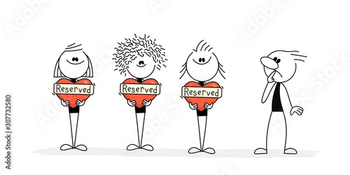 Doodle stick figure: Sad man chooses girl.