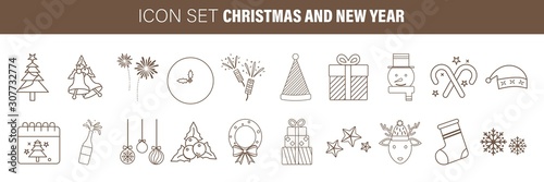 hristmas icon set with snowflakes, hats, star, christmas tree, balls, sock, gift, drink and garlands. Vector for business and holidays