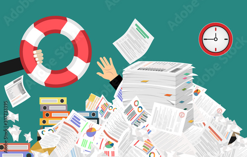 The hand of a man sticks out of a pile of papers. Another person is stretching a lifeline and wants to help. Helping Business to survive. Drowning businessman getting lifebuoy from another businessman