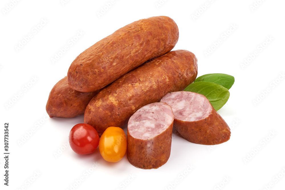 Pork Dried Sausages, smoked german sausage, isolated on white background Pork Dried Sausages, smoked german sausage, isolated on white background