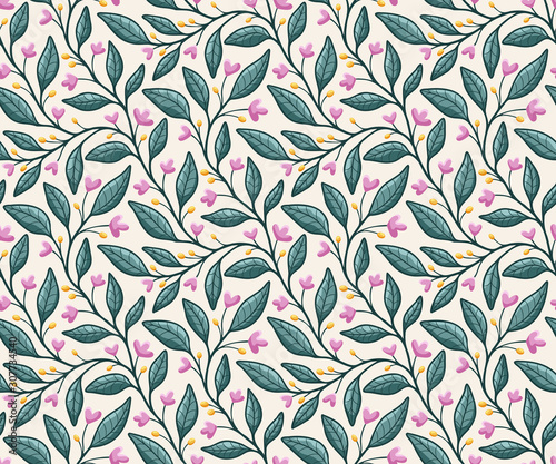 Garden floral vines and leaves seamless vector pattern  in pink and teal on light background