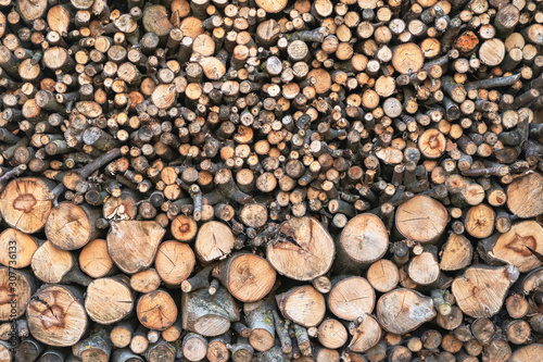 Pile of wooden sawn logs with cross section of the timber close-up   firewood stack  ecologik background or texture