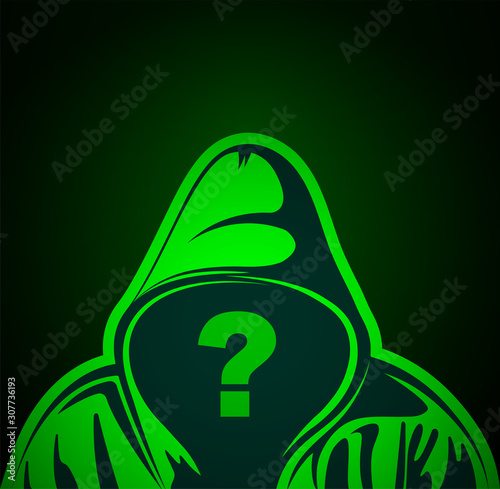 Hooded man with question mark on place of face. Anonymous or hacker person. Who is this person Vector illustration.