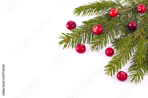 Christmas background. Christmas pattern of fir branches with red berries on white background . Flat lay, top view. Space for text. Planning or wish list concept.