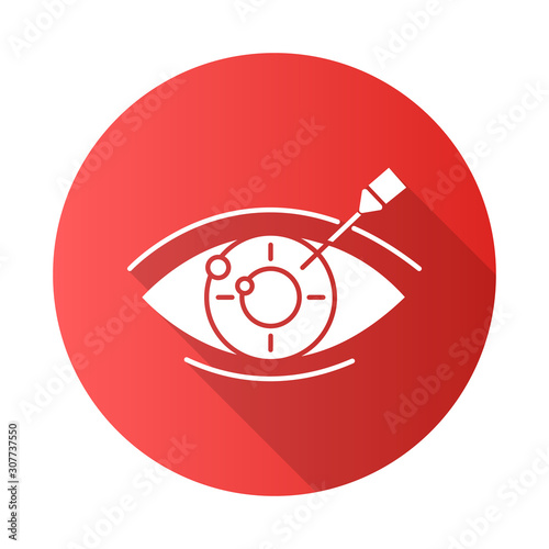 Vision correction red flat design long shadow glyph icon. Medical procedure. Health care. Astigmatism treatment. Ophthalmology. Laser operation. Eye disorder recovery. Vector silhouette illustration