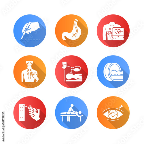 Medical procedure flat design long shadow glyph icons set. Surgery. Endoscopy. Electrocardiogram. Physiotherapy. Anesthesia. Tomography. Massage. Vision correction. Vector silhouette illustration