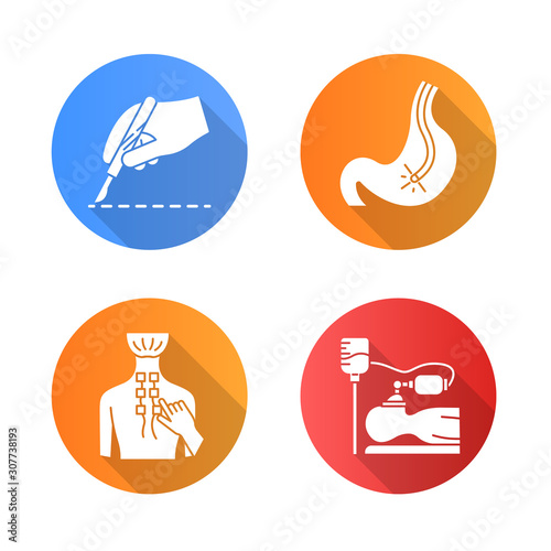 Medical procedure flat design long shadow glyph icons set. Surgery. Endoscopy. Digestive tract, stomach check. Physiotherapy. Back pain relief. Anesthesia. Clinical aid. Vector silhouette illustration