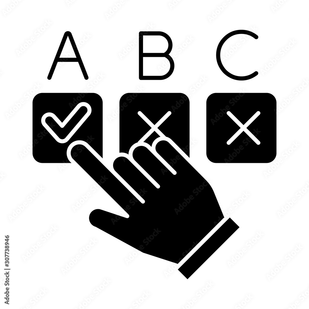 Choosing option glyph icon. Hand pick checkbox. Selecting answer. Making decision. Online survey. Click button. Voting, questionnaire. Silhouette symbol. Negative space. Vector isolated illustration Choosing option glyph icon. Hand pick checkbox. Selecting answer. Making decision. Online survey. Click button. Voting, questionnaire. Silhouette symbol. Negative space. Vector isolated illustration