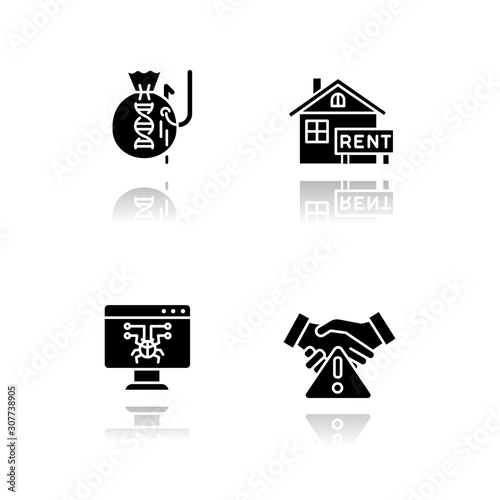 Scam types drop shadow black glyph icons set. Inheritance, home rental fraudulent scheme. Computer hacking. Employment scamming. Financial scamming. Illegal money gain. Isolated vector illustrations