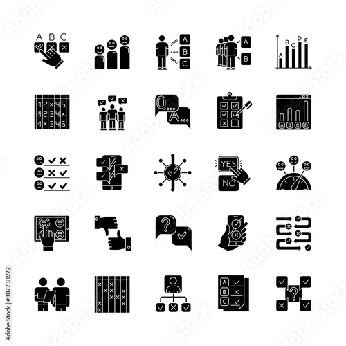 Survey glyph icons set. Question and answer. Social poll. Group survey. Interview. Positive and negative feedback. Statistics analysis. Yes, no. Silhouette symbols. Vector isolated illustration