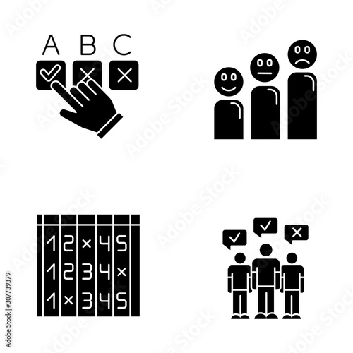 Survey glyph icons set. Choosing correct option. Customer satisfaction level. Positive, negative emoticons. Select number. Checklist. Mass poll. Vote. Silhouette symbols. Vector isolated illustration