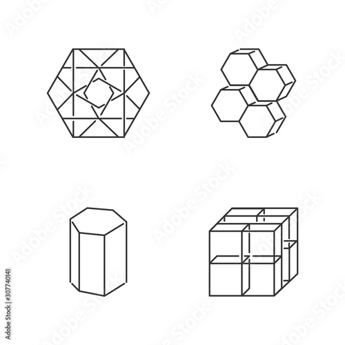 Geometric figures linear icons set. Hexagon, combs. Prism model. Cube with grid. Abstract shapes. Isometric forms. Thin line contour symbols. Isolated vector outline illustrations. Editable stroke
