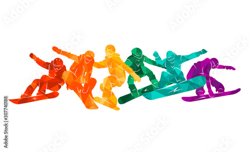 Snowboard, snowboarders, snowboarding extreme winter sport people silhouettes vector illustration, riding a board, tricks