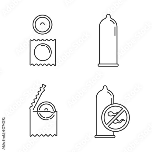 Contraceptive linear icons set. Safe sex. Male condom in package. Preservative. Birth control. Pregnancy prevention. Thin line contour symbols. Isolated vector outline illustrations. Editable stroke