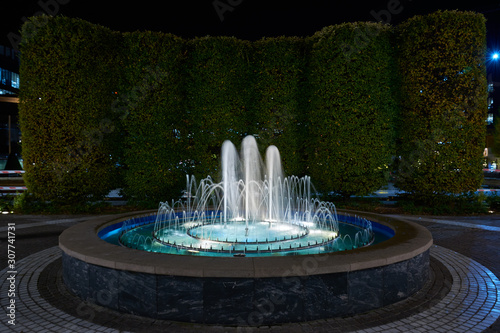 Fountain in the park near the Palace of Culture in Iasi, Romania. Evening illumination of the fountain, cityscape. photo