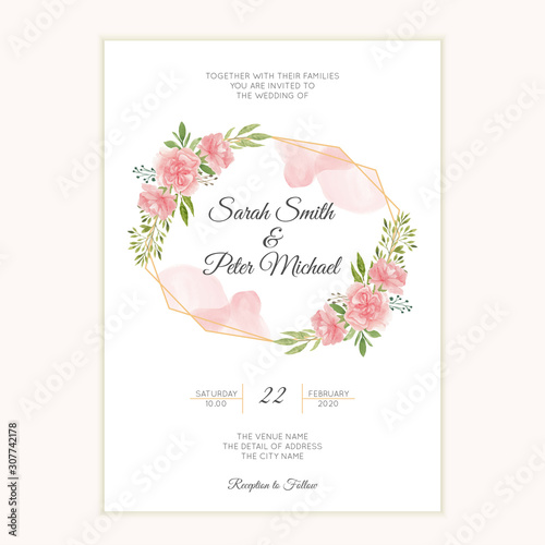 Watercolor hand painted wedding invitation card with carnation flower