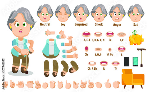 Cartoon elderly woman constructor for animation. Parts of body: legs, arms, face emotions, hands gestures, lips sync. Full length, front, three quarter view. Set of ready to use poses, objects.