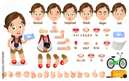 Cartoon tourist girl constructor for animation. Parts of body: legs, arms, face emotions, hands gestures, lips sync. Full length, front, three quarter view. Set of ready to use poses, objects.