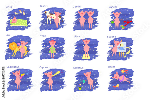 Set of funny and cute cartoon vector zodiac signs with pig. Aries, Taurus, Gemini, Cancer, Leo, Virgo, Libra, Scorpio, Sagittarius, Capricorn, Aquarius, Pisces. 