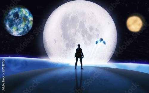 Sci fi fantasy astronaut left alone by her crew on foreign icy planet. Farewell concept. Full moon with reflection, hero illustration. Space and technology artwork