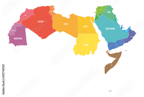 Arab World states political map with colorfully higlighted 22 arabic-speaking countries of the Arab League. Northern Africa and Middle East region. Vector illustration