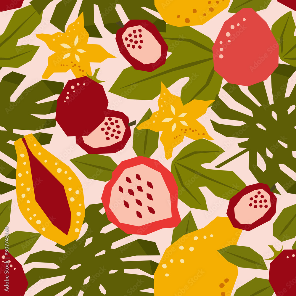 Exotic fruit pattern. Seamless pattern with stylized tropical fruits in