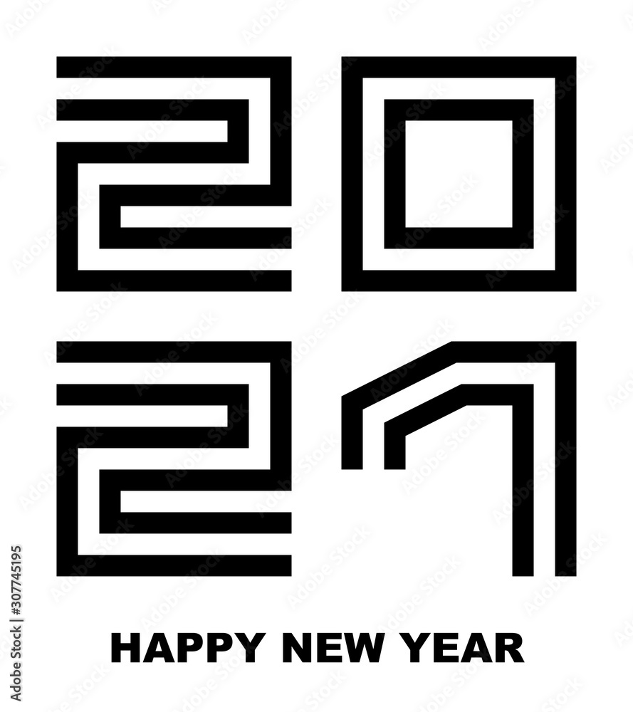 Happy New Year 2021 - greeting card, flyer, poster, invitation - square font outline, black numbers - vector Happy New Year 2021 - greeting card, flyer, poster, invitation - square font outline, black numbers - vector