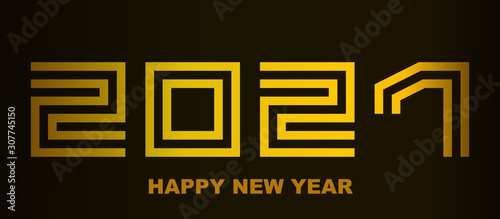 Happy New Year 2021 - greeting card, flyer, poster, invitation - square font outline, golden numbers - vector