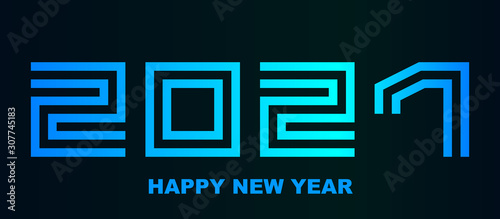 Happy New Year 2021 - greeting card, flyer, poster, invitation - square font outline, cold numbers - vector
