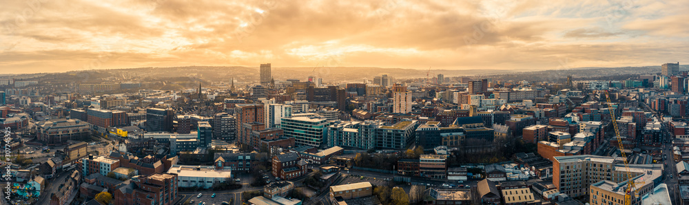 Aerial Panoramic view above Sheffield City during a cold frosty winter morning