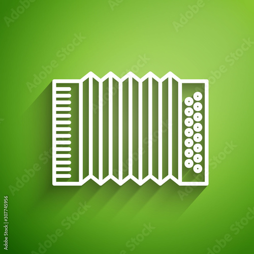White line Musical instrument accordion icon isolated on green background. Classical bayan, harmonic. Vector Illustration