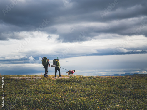 Hikers with dog in Rondane National Park, Norway photo