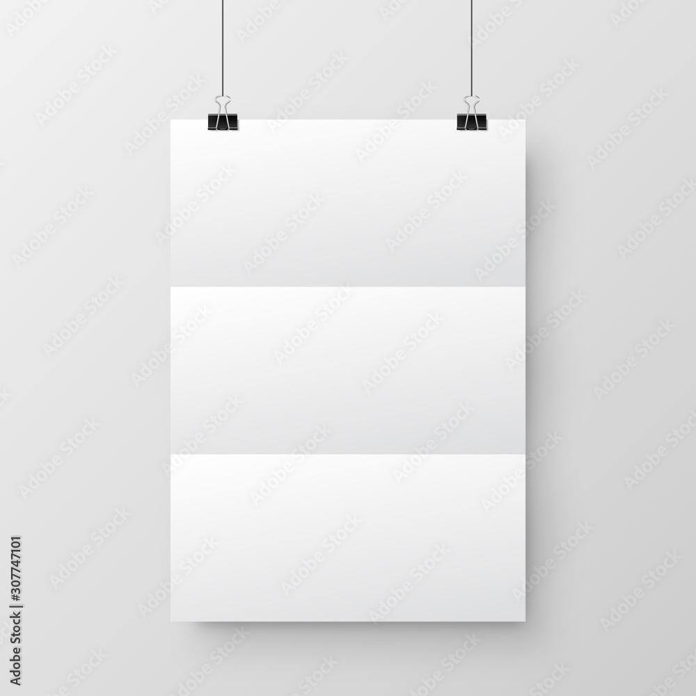 Realistic hanging blank paper sheet with shadow in A4 format and black paper clip, binder on gray background. Design poster, template or mockup. Vector illustration. Realistic hanging blank paper sheet with shadow in A4 format and black paper clip, binder on gray background. Design poster, template or mockup. Vector illustration.
