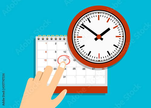 Paper spiral wall calendar and clocks. Schedule, appointment, organizer, timesheet, time management, important date. illustration in flat style