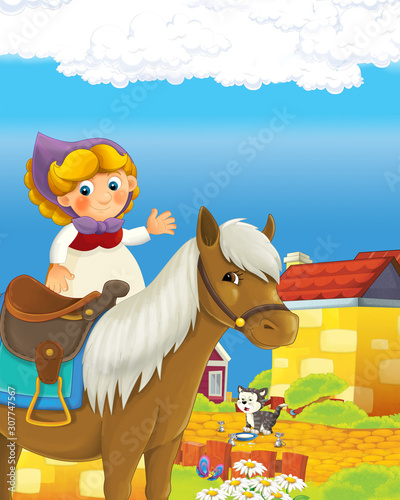 Fototapeta Naklejka Na Ścianę i Meble -  cartoon scene with happy farmer woman on the farm ranch illustration for the children