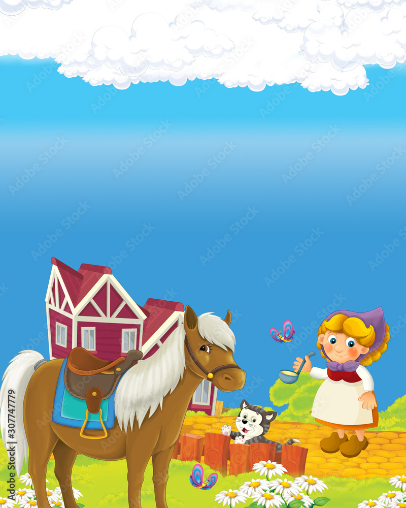 Naklejka premium cartoon scene with happy farmer woman on the farm ranch illustration for the children