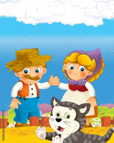 Fototapeta Naklejka Na Ścianę i Meble -  cartoon scene with happy farmer man and woman on the farm ranch illustration for the children